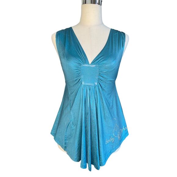 Judy Jr USA Baby Phat Women’s Bedazzled Shimmery Teal Dressy Y2K Tank Top Small - Picture 1 of 5